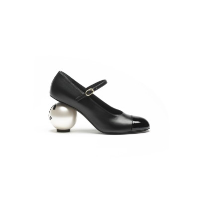 CHANEL MARY JANES LAMBSKIN, PATENT CALFSKIN & IMITATION PEARLS G46775